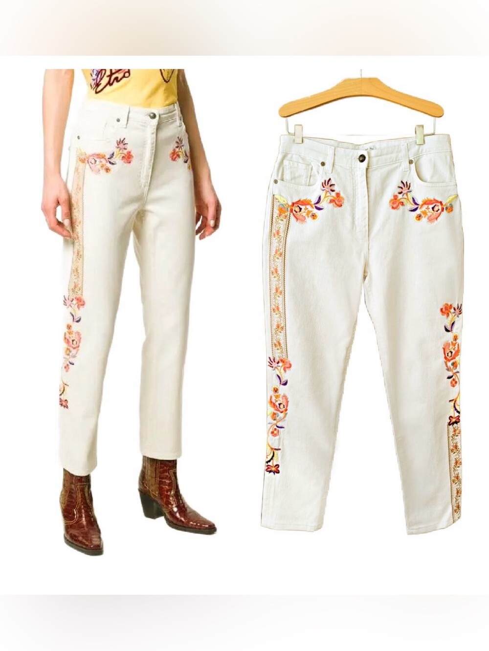 Cream Cropped Embroidered Jeans with Floral Detail